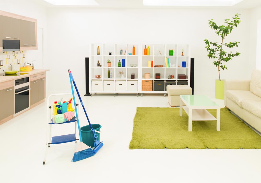 Living room with bucket and mop being used by professional cleaner